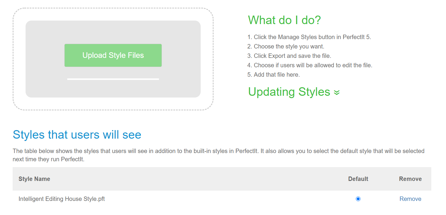 Uploaded styles are listed at the bottom of the page