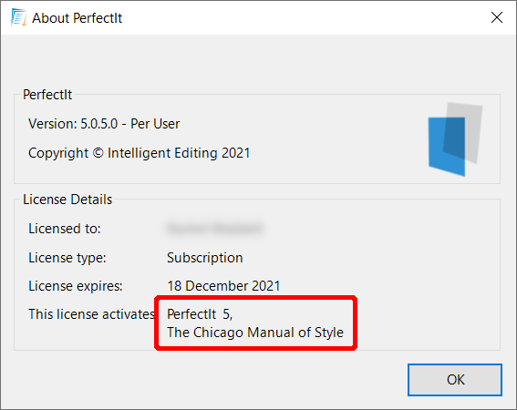 The About PerfectIt dialog